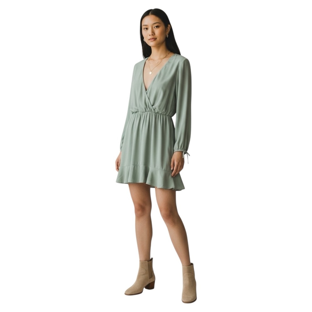 Showpo Sage‎ Green Ruffle Hem Faux Wrap Dress Long Sleeve Women’s 10 US